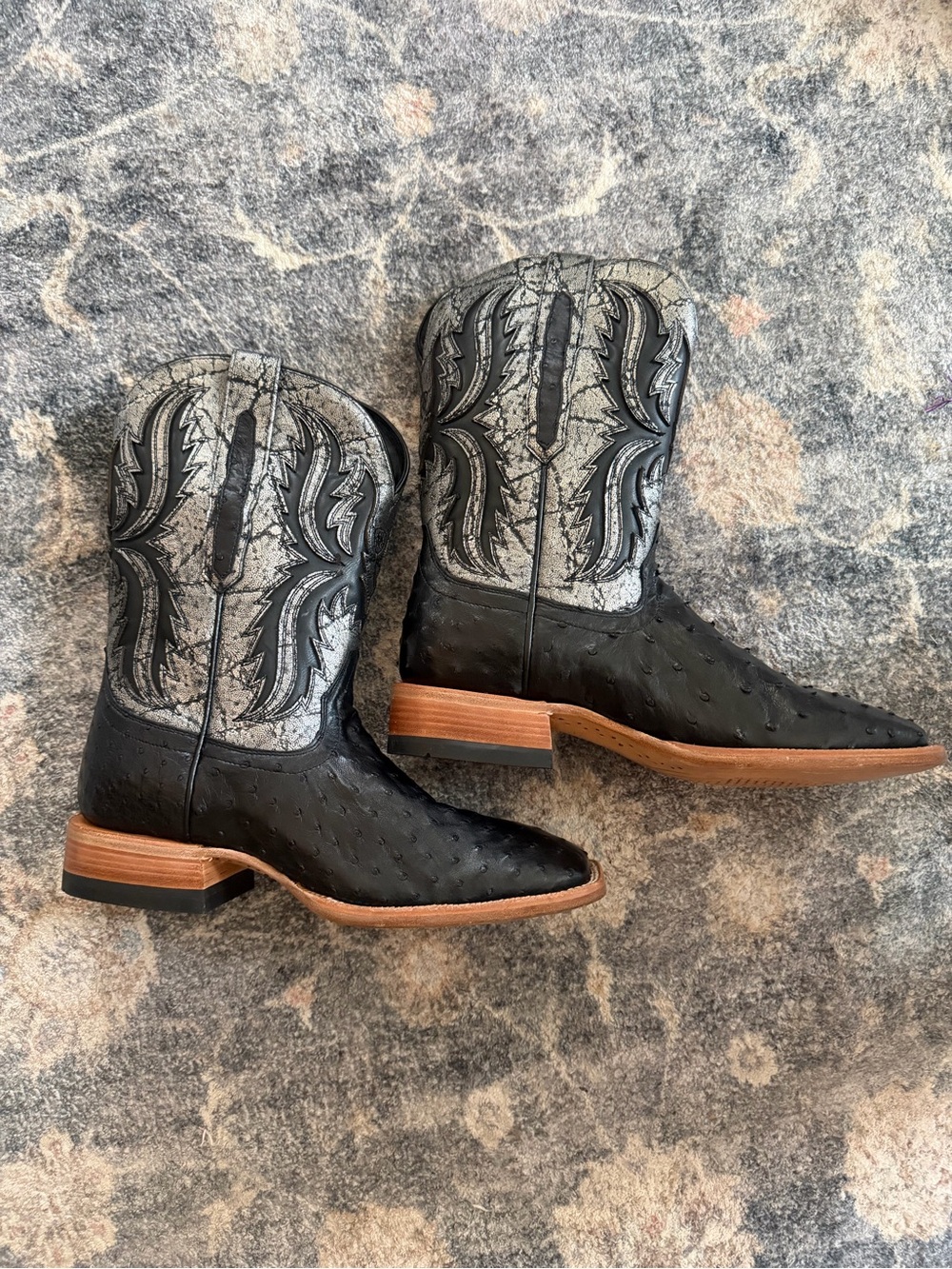 Black Ostrich Leather Western Boots with Gray Embroidered Shaft Ariat